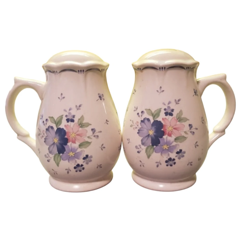 Vtg 80s Nikko Dauphine Floral Handles Salt & Pepper Shakers Stove Top